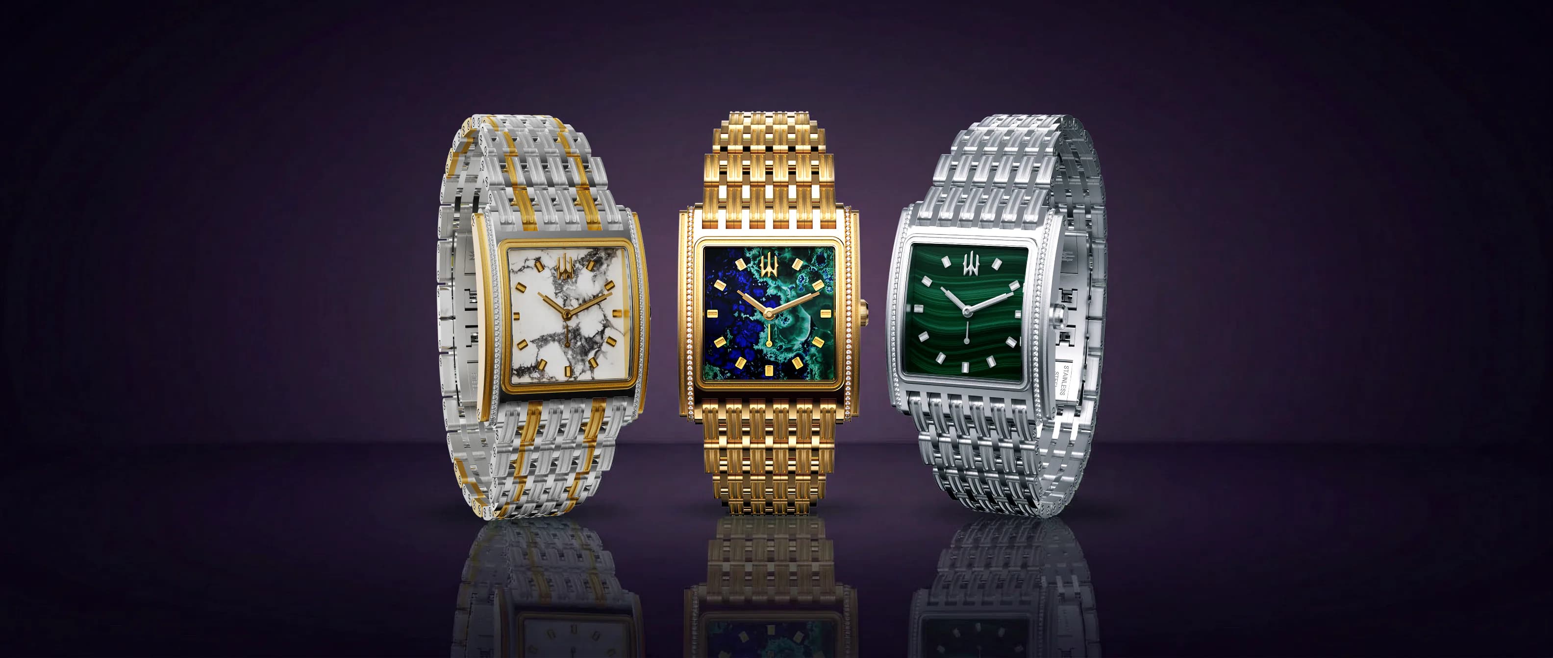 Three Amplifier watch models with marble, azurite and malachite dials